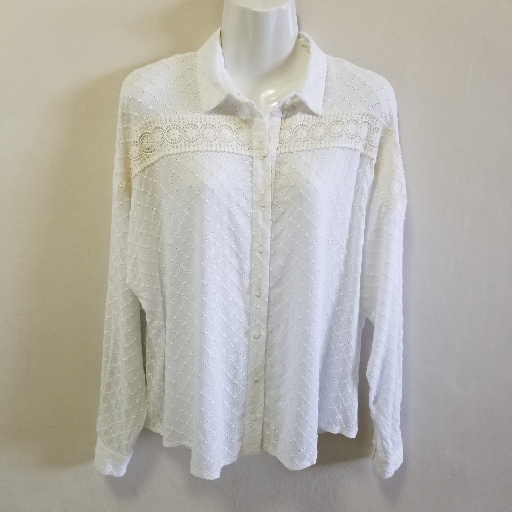 Valerie Khalfon Top Embroidered Lace Blouse White Button Up Long Sleeves Sz 4 S